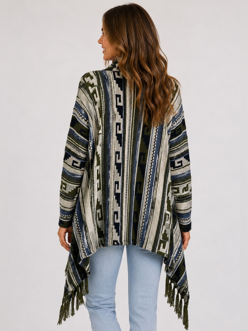 J. Jill Wool Blend Fringe Open Cardigan Sweater Boho Aztec Large - Picture 2 of 14